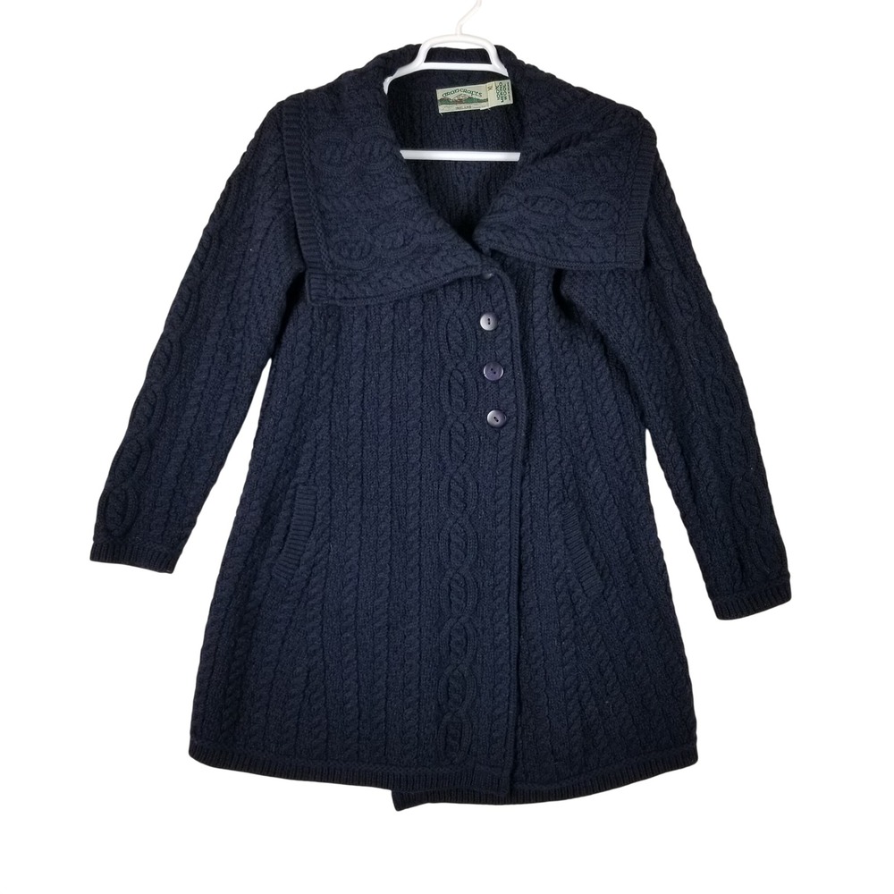 Aran Crafts Cardigan Women XL Navy Blue Merino Wool Cable Knit Irish Sweater